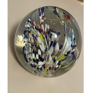 Hand Blown Art Glass Paperweight With Flower Spray In Confetti Multi Color Reto